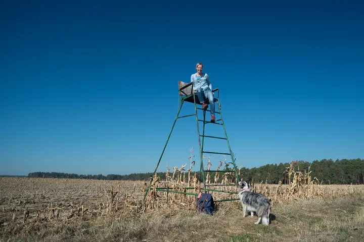 Einfacher Hochsitz aus Stahlrohren am Feldrand