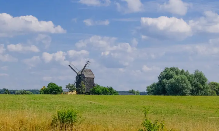 Bockwindmühle Vehlefanz, vom Mühlensee Vehlefanz aus gesehen