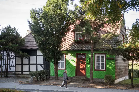 Grün gestrichenes Holzhaus mit roter Tür zwischen Bäumen