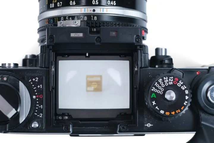 Nikon F3 mit abgenommenem Prismensucher: Blick auf die Mattscheibe mit Gitterlinien, darüber im Gehäuse das kleine LCD mit der Anzeige 250 und das Fenster mit dem Blendenwert 1.8