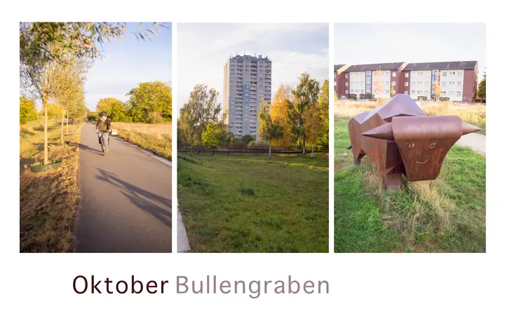Oktober – Bullengraben in Staaken: Radfahrer auf dem Weg am Bullengraben, Hochhaus hinter herbstlichen Birken, Bullenskulptur aus Stahl von Sebastian Kulisch vor Wohnblöcken