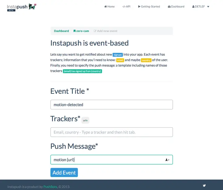 Instapush Konfiguration