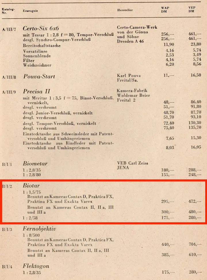 Biotar im Photo/Kino Warenkatalog 1954